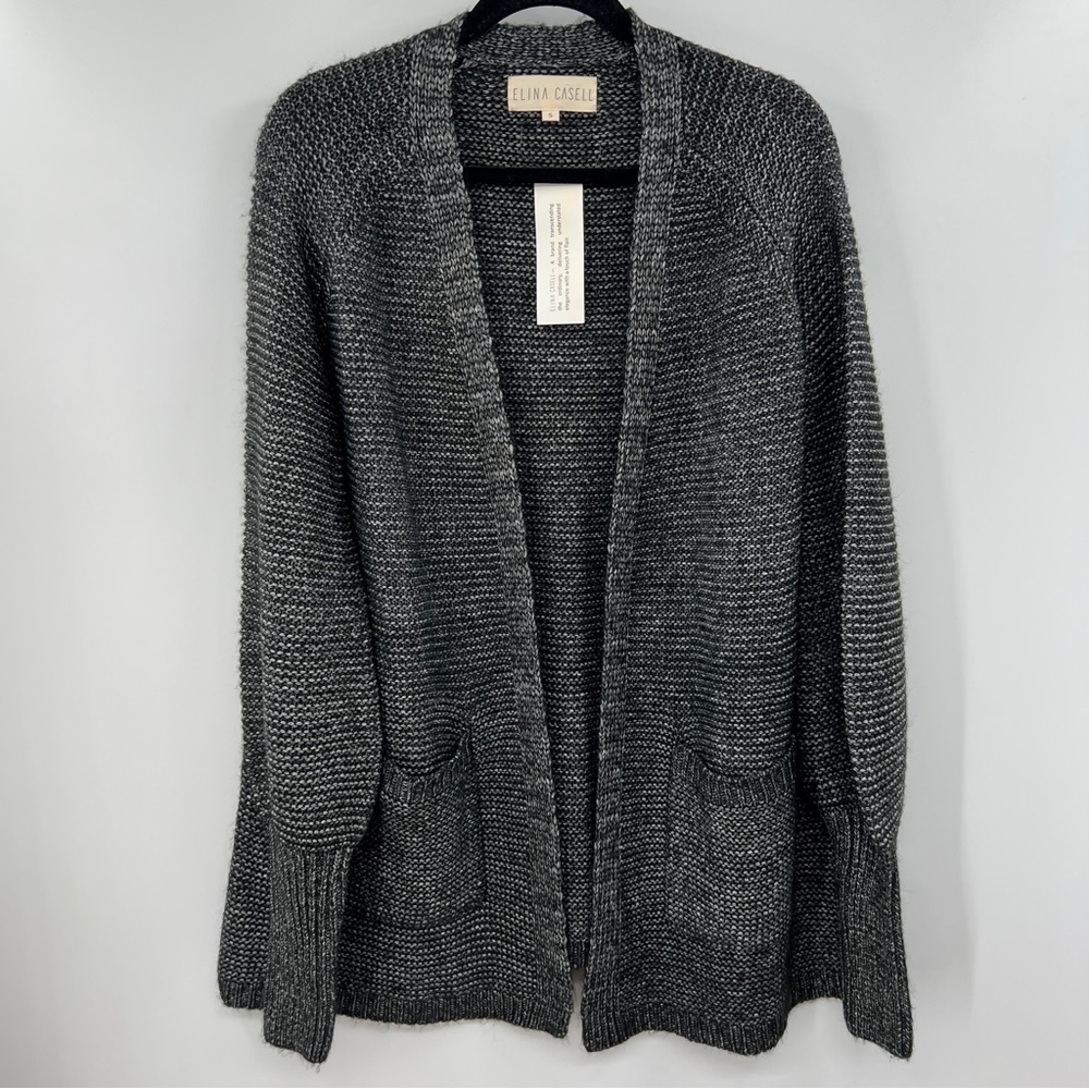 Elina Casell Thick Knit Long Sleeve Cotton-blend Gray Banded Cardigan Sweater